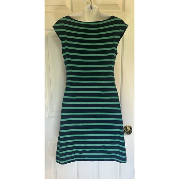 LOFT Striped T-Shirt Dress Size Small Navy Blue Green Horizontal Stripes - Picture 5 of 11